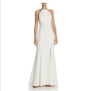 Aqua Halter Sleeveless White Lace Back Gown Dress